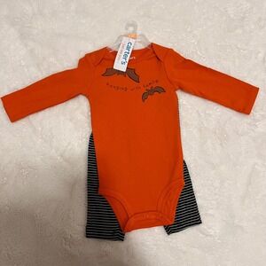Carters Baby Orange Bat‎ Halloween Long Sleeve Bodysuit Pants Set Size 9 Months